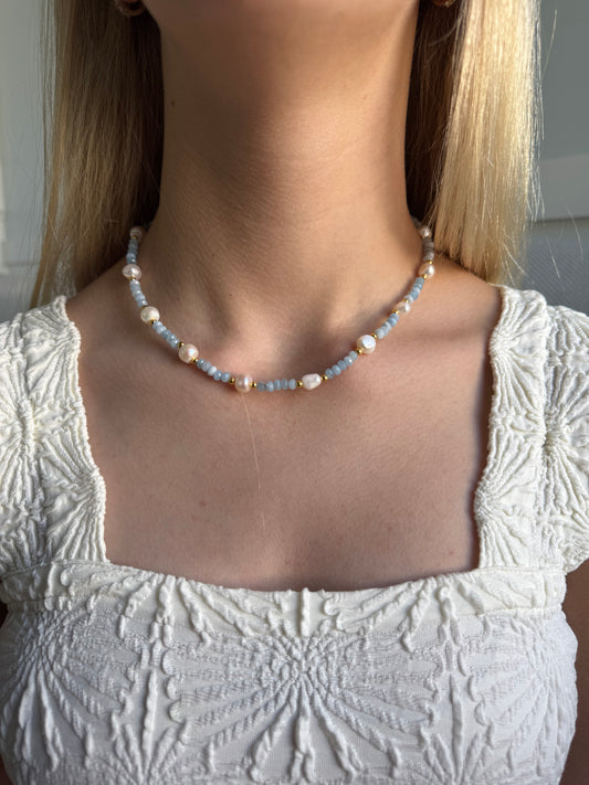 Blue Crystal & Freshwater Pearl Necklace
