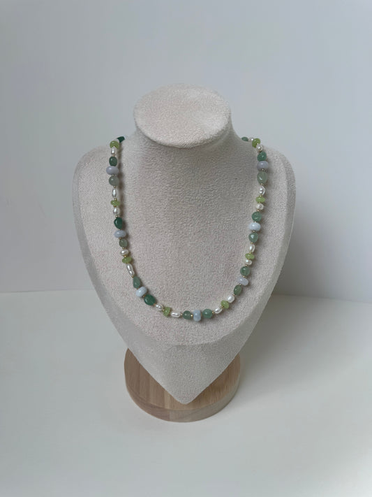 Green Gemstone & Freshwater Pearl Necklace