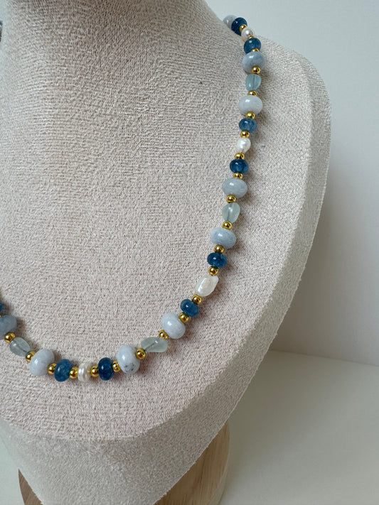 Blue Gemstone & Freshwater Pearl Necklace